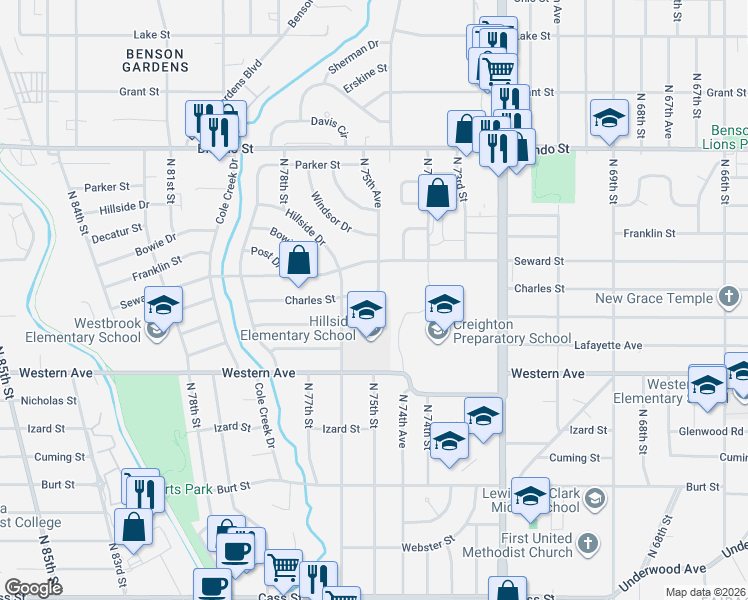 map of restaurants, bars, coffee shops, grocery stores, and more near 7571 Charles Street in Omaha