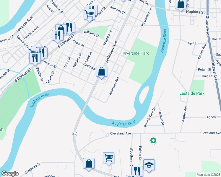 map of restaurants, bars, coffee shops, grocery stores, and more near 1201 Washington Avenue in Defiance