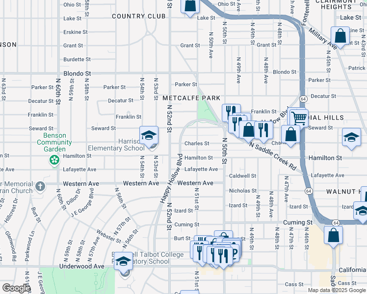 map of restaurants, bars, coffee shops, grocery stores, and more near 5131 Charles Street in Omaha