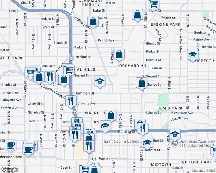 map of restaurants, bars, coffee shops, grocery stores, and more near 4313 Charles Street in Omaha