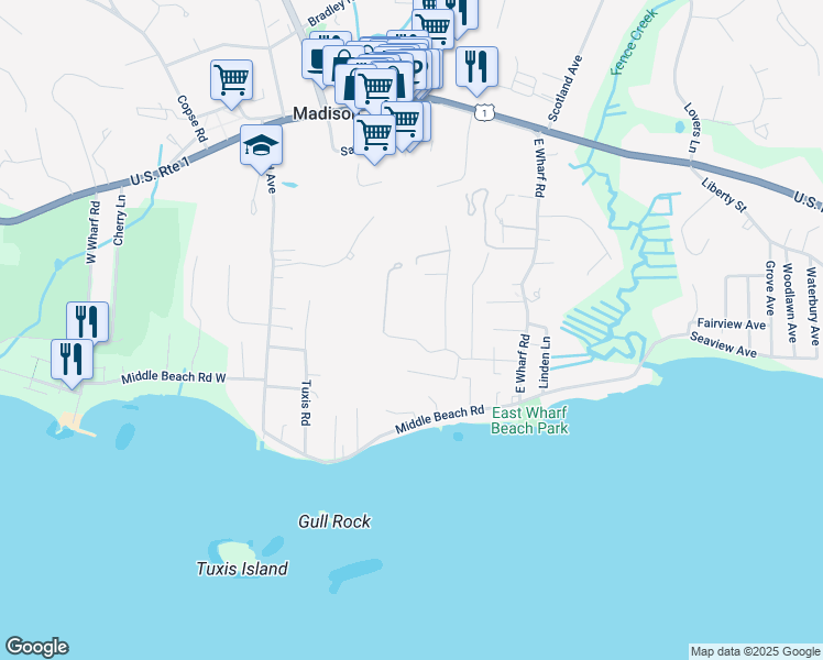 map of restaurants, bars, coffee shops, grocery stores, and more near 53 Madison Avenue in Madison