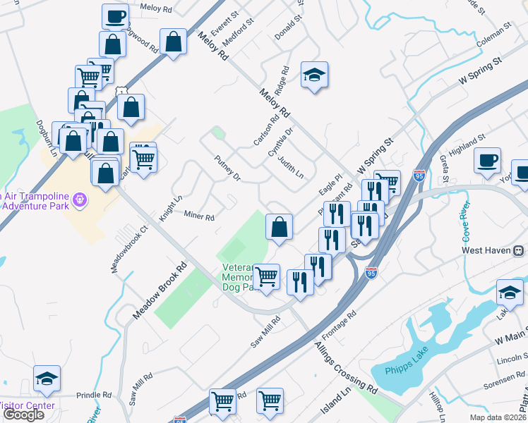 map of restaurants, bars, coffee shops, grocery stores, and more near 53 Pheasant Road in West Haven