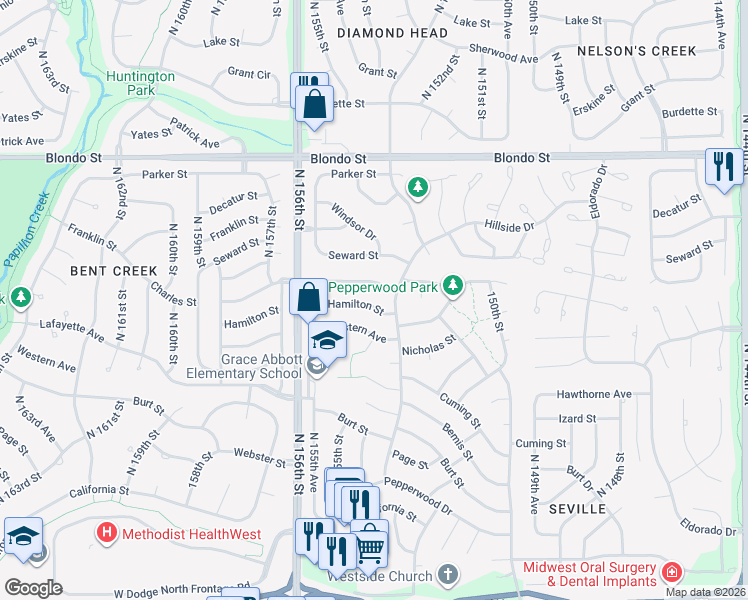 map of restaurants, bars, coffee shops, grocery stores, and more near 15417 Hamilton Street in Omaha