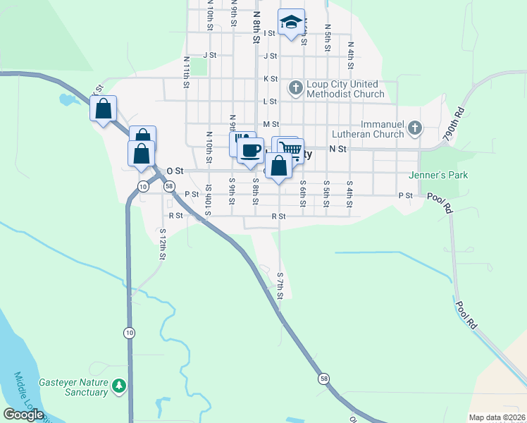 map of restaurants, bars, coffee shops, grocery stores, and more near 740 R Street in Loup City