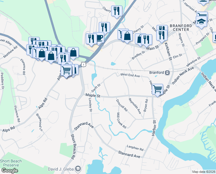 map of restaurants, bars, coffee shops, grocery stores, and more near 24 Breezy Lane in Branford