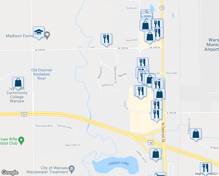 map of restaurants, bars, coffee shops, grocery stores, and more near Pimlico Drive in Warsaw