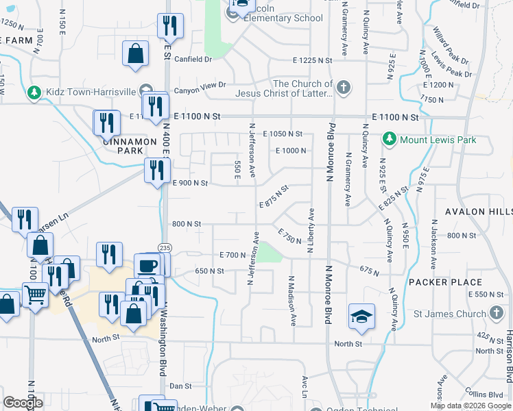 map of restaurants, bars, coffee shops, grocery stores, and more near 433 East 875 North Street in Ogden