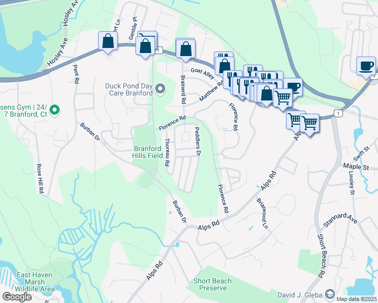 map of restaurants, bars, coffee shops, grocery stores, and more near 600 Longfellow Drive in Branford