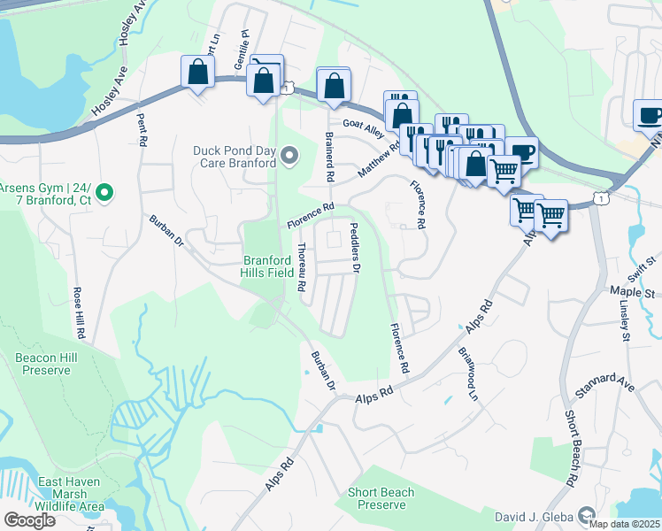 map of restaurants, bars, coffee shops, grocery stores, and more near 600 Longfellow Drive in Branford