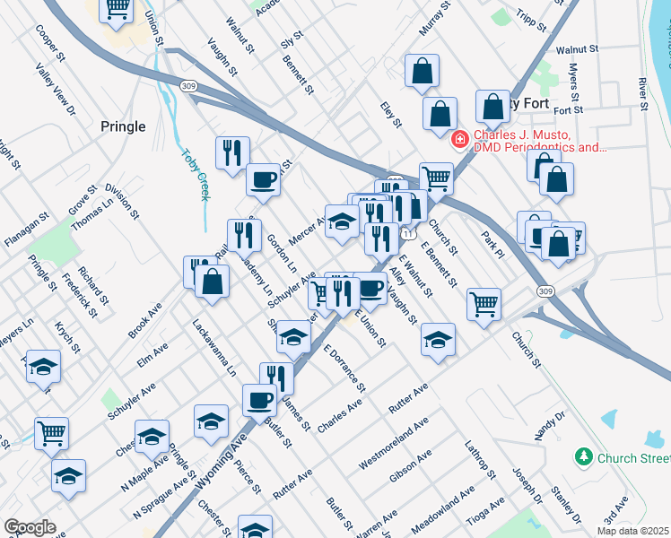 map of restaurants, bars, coffee shops, grocery stores, and more near 684 Wyoming Avenue in Kingston