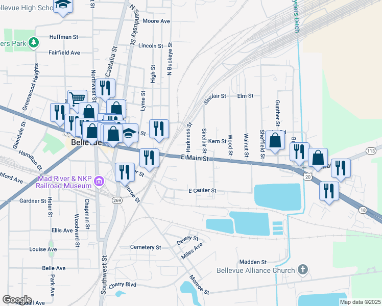 map of restaurants, bars, coffee shops, grocery stores, and more near 534 East Main Street in Bellevue