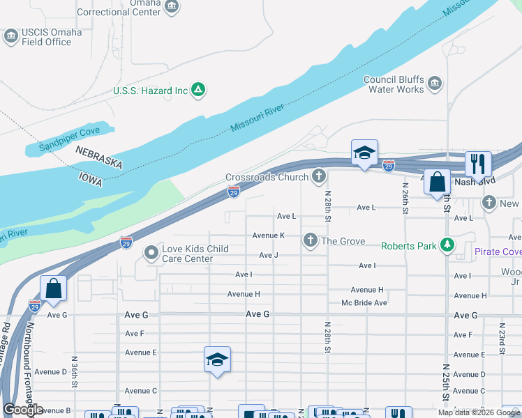 map of restaurants, bars, coffee shops, grocery stores, and more near 3025 Avenue L in Council Bluffs
