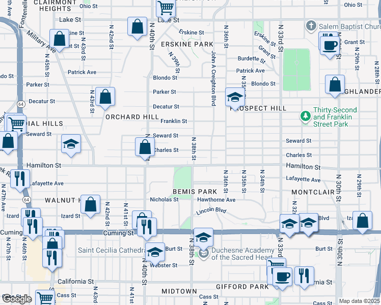 map of restaurants, bars, coffee shops, grocery stores, and more near 1409 North 38th Street in Omaha