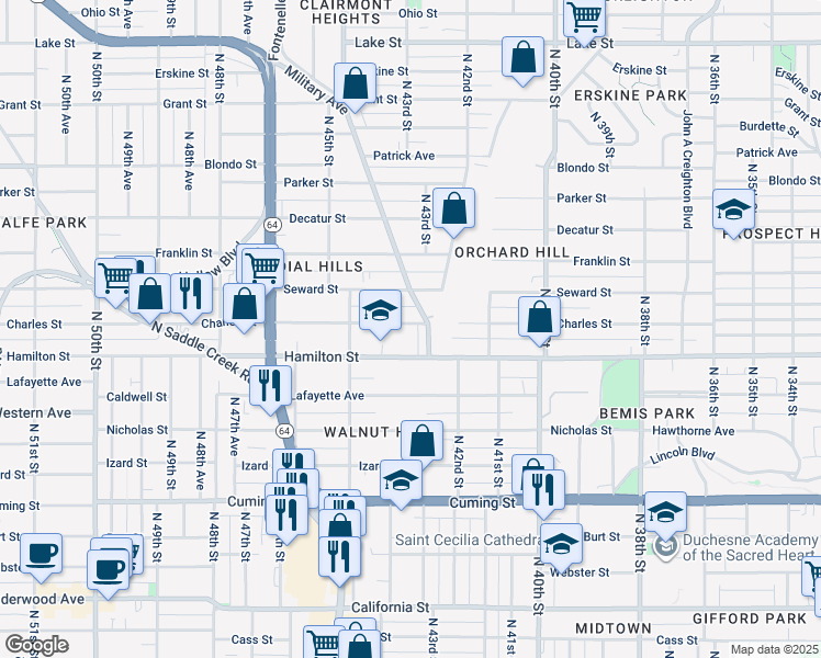 map of restaurants, bars, coffee shops, grocery stores, and more near 1414 Military Avenue in Omaha