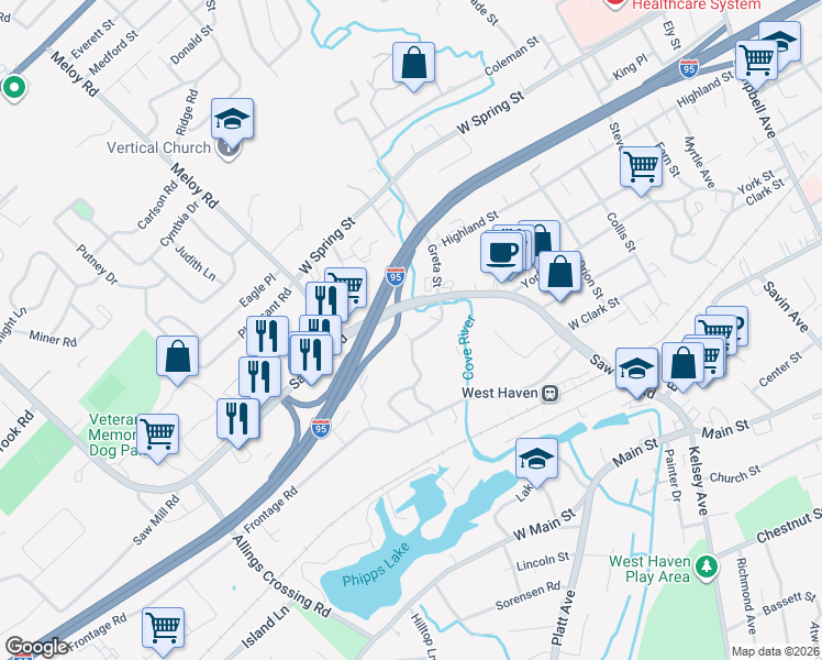 map of restaurants, bars, coffee shops, grocery stores, and more near 52 Voss Road in West Haven