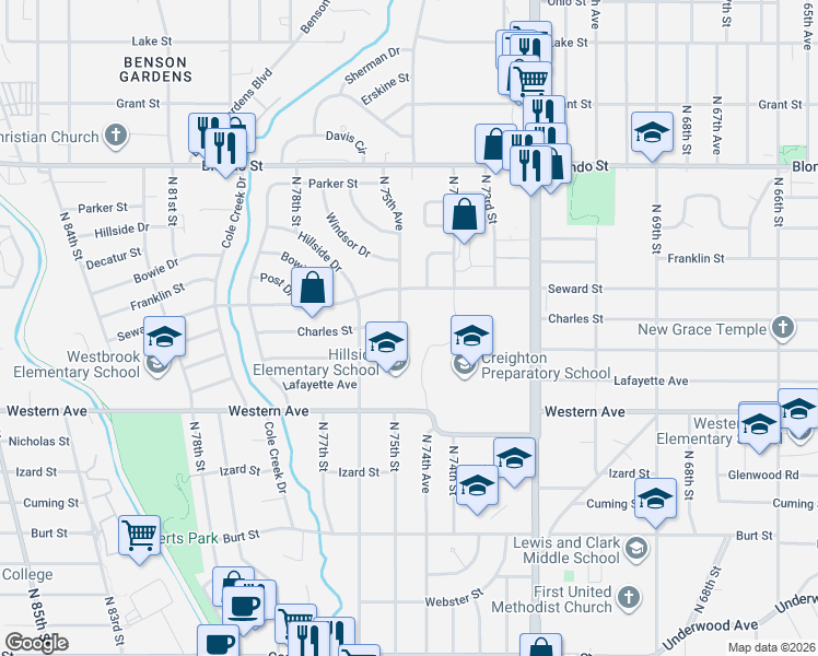 map of restaurants, bars, coffee shops, grocery stores, and more near 7551 Charles Street in Omaha