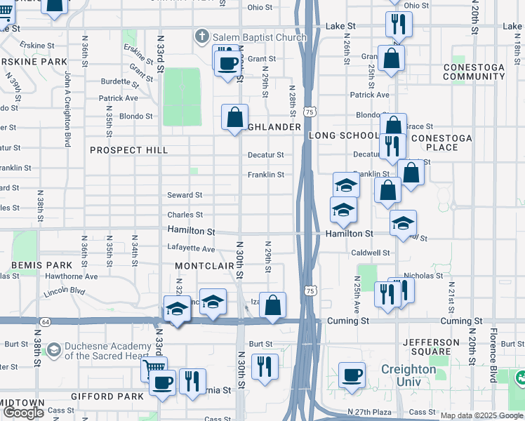 map of restaurants, bars, coffee shops, grocery stores, and more near 1414 North 29th Street in Omaha