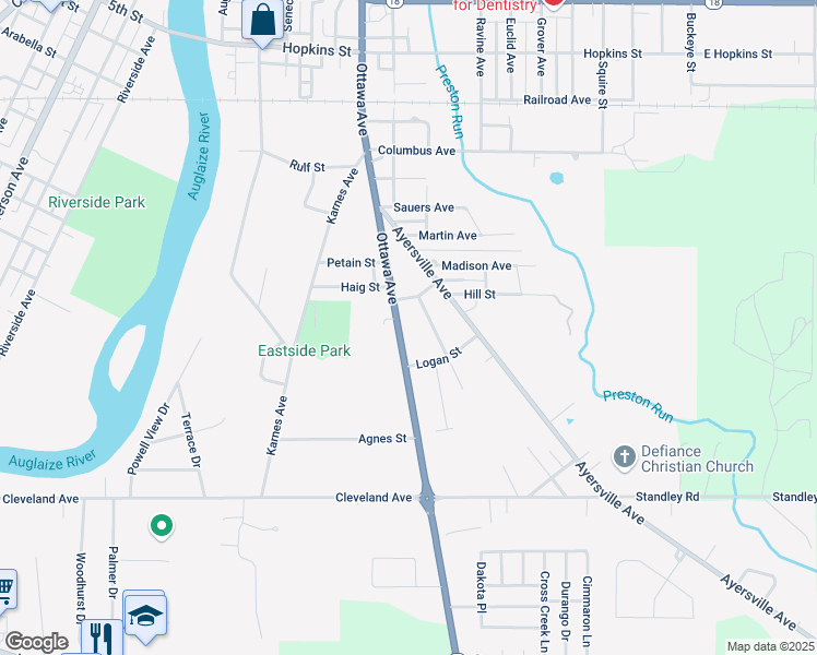 map of restaurants, bars, coffee shops, grocery stores, and more near 1125 Ottawa Avenue in Defiance
