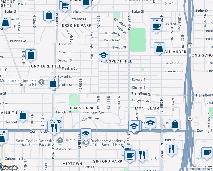 map of restaurants, bars, coffee shops, grocery stores, and more near 3522 Hamilton Street in Omaha
