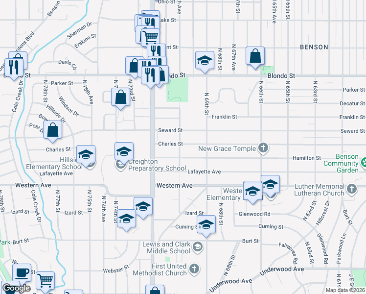 map of restaurants, bars, coffee shops, grocery stores, and more near 6940 Hamilton Street in Omaha