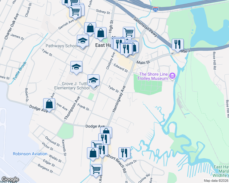 map of restaurants, bars, coffee shops, grocery stores, and more near 23 Pennsylvania Avenue in East Haven
