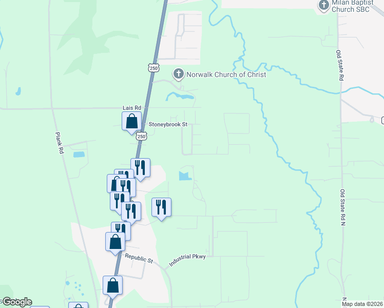 map of restaurants, bars, coffee shops, grocery stores, and more near Longview Drive in Norwalk