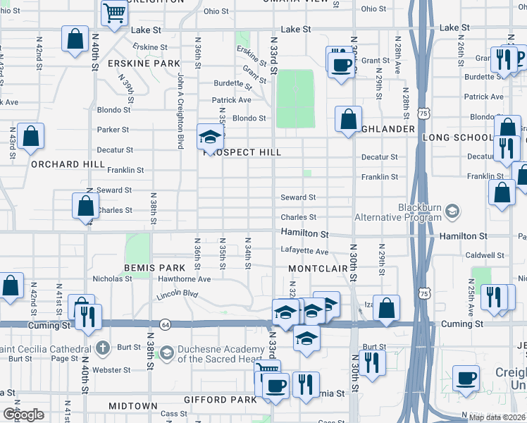 map of restaurants, bars, coffee shops, grocery stores, and more near 3320 Hamilton Street in Omaha