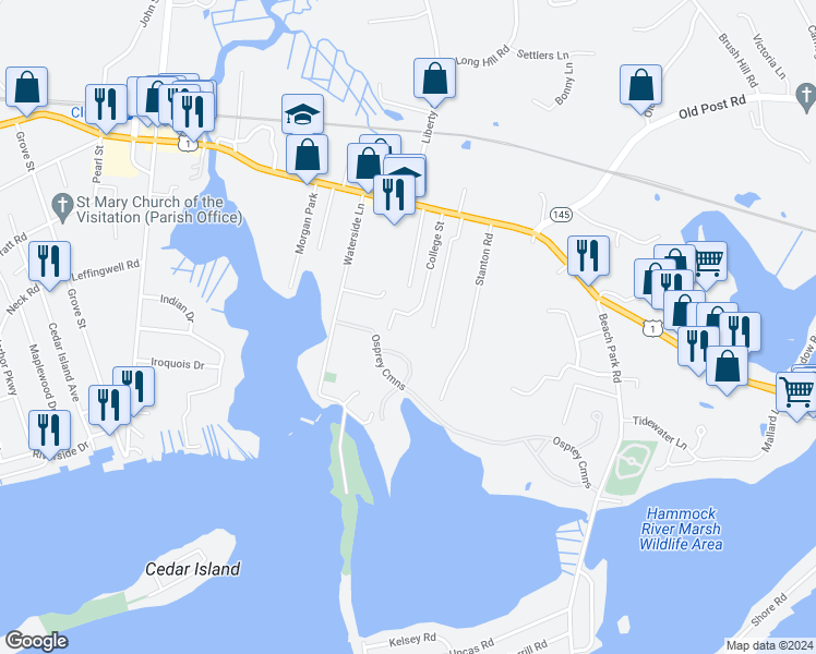 map of restaurants, bars, coffee shops, grocery stores, and more near 9 Blue Heron in Clinton