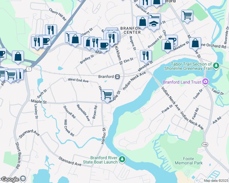 map of restaurants, bars, coffee shops, grocery stores, and more near in Branford