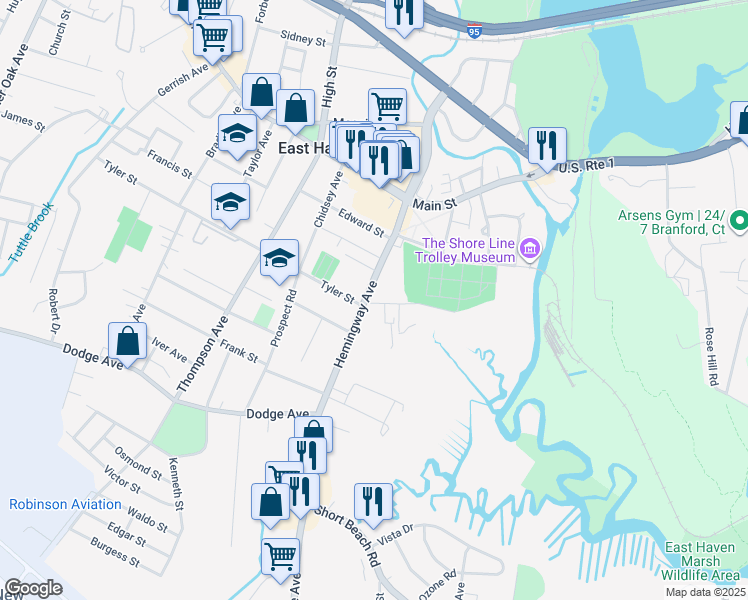 map of restaurants, bars, coffee shops, grocery stores, and more near 187 Hemingway Avenue in East Haven