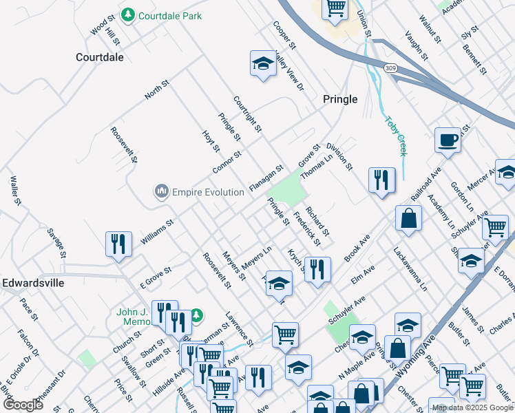 map of restaurants, bars, coffee shops, grocery stores, and more near 134 Penn Street in Pringle