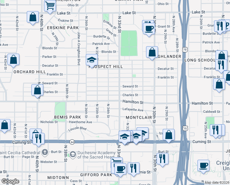 map of restaurants, bars, coffee shops, grocery stores, and more near 3320 Hamilton Street in Omaha