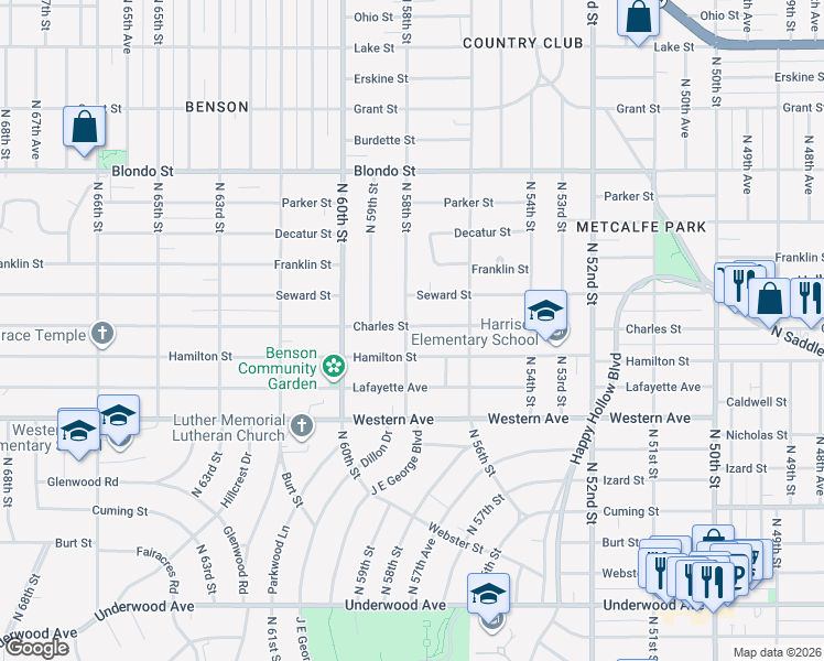 map of restaurants, bars, coffee shops, grocery stores, and more near 5740 Hamilton Street in Omaha