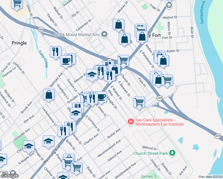 map of restaurants, bars, coffee shops, grocery stores, and more near 733 Wyoming Avenue in Kingston