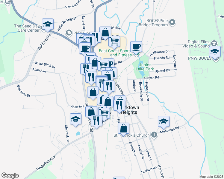 map of restaurants, bars, coffee shops, grocery stores, and more near 1820 Commerce Street in Yorktown Heights