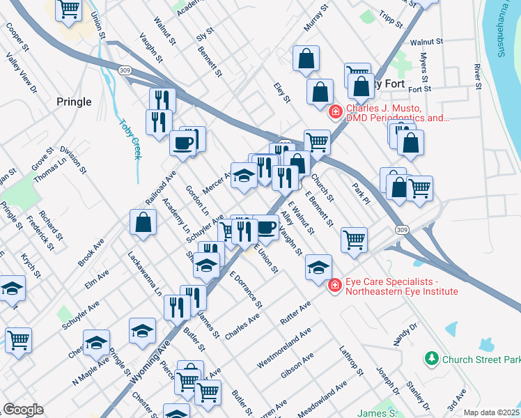 map of restaurants, bars, coffee shops, grocery stores, and more near Wyoming Avenue in Kingston