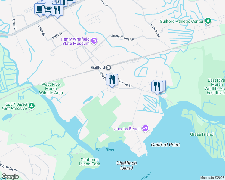 map of restaurants, bars, coffee shops, grocery stores, and more near 405 New Whitfield Street in Guilford