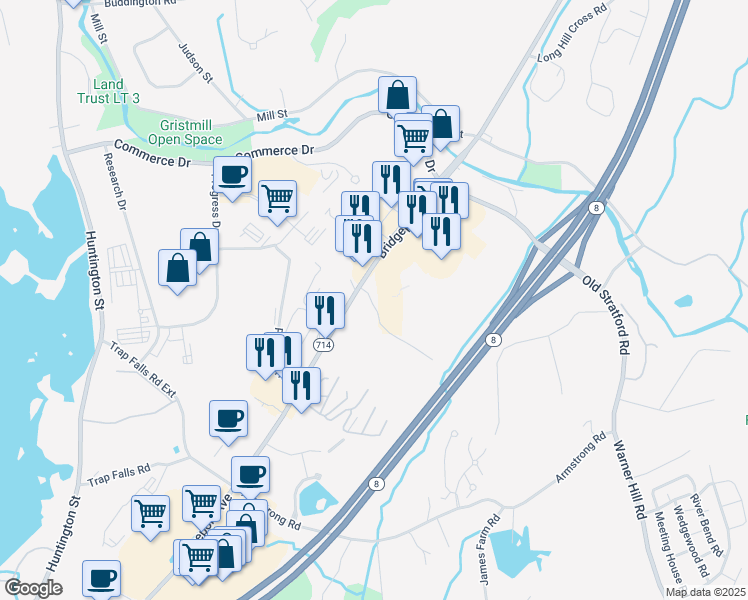 map of restaurants, bars, coffee shops, grocery stores, and more near 738 Bridgeport Avenue in Shelton