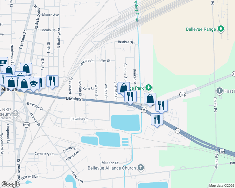map of restaurants, bars, coffee shops, grocery stores, and more near 108 Sheffield Street in Bellevue