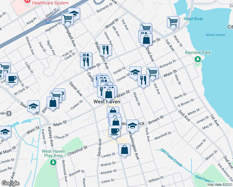 map of restaurants, bars, coffee shops, grocery stores, and more near 492 Washington Avenue in West Haven