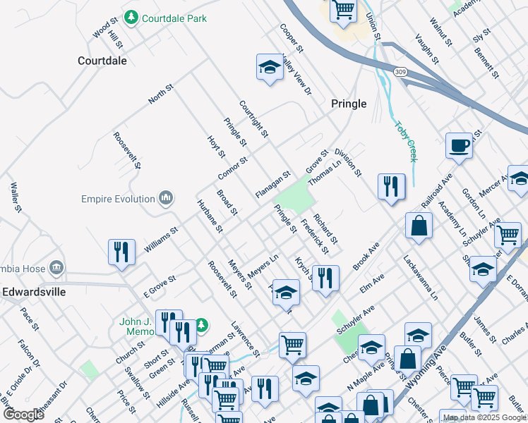 map of restaurants, bars, coffee shops, grocery stores, and more near 134 Penn Street in Pringle