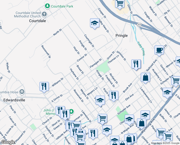 map of restaurants, bars, coffee shops, grocery stores, and more near 134 Penn Street in Pringle