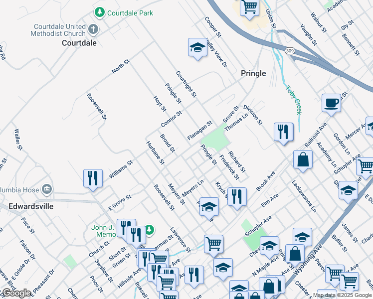 map of restaurants, bars, coffee shops, grocery stores, and more near 134 Penn Street in Pringle