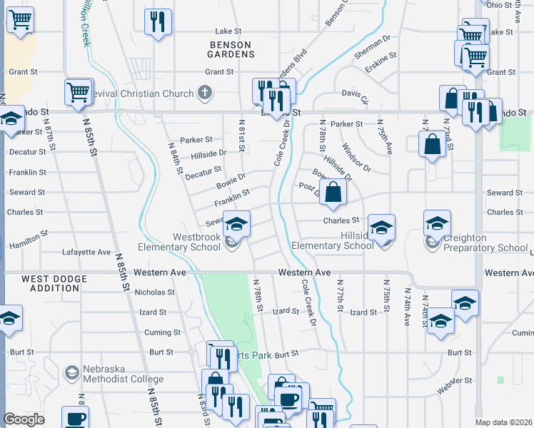 map of restaurants, bars, coffee shops, grocery stores, and more near 1405 Cole Creek Drive in Omaha