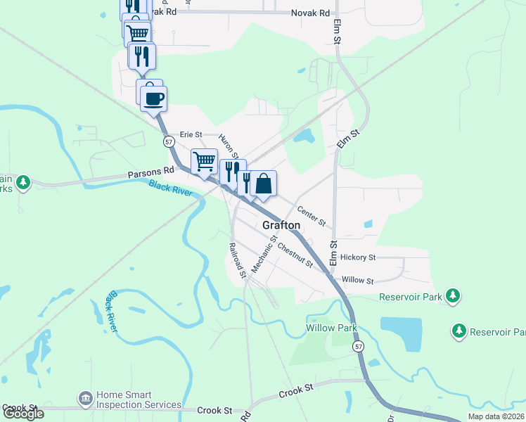 map of restaurants, bars, coffee shops, grocery stores, and more near 982 Chestnut Street in Grafton