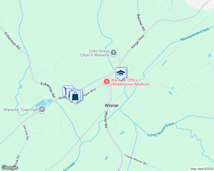 map of restaurants, bars, coffee shops, grocery stores, and more near 200 Ronald Reagan Boulevard in Warwick