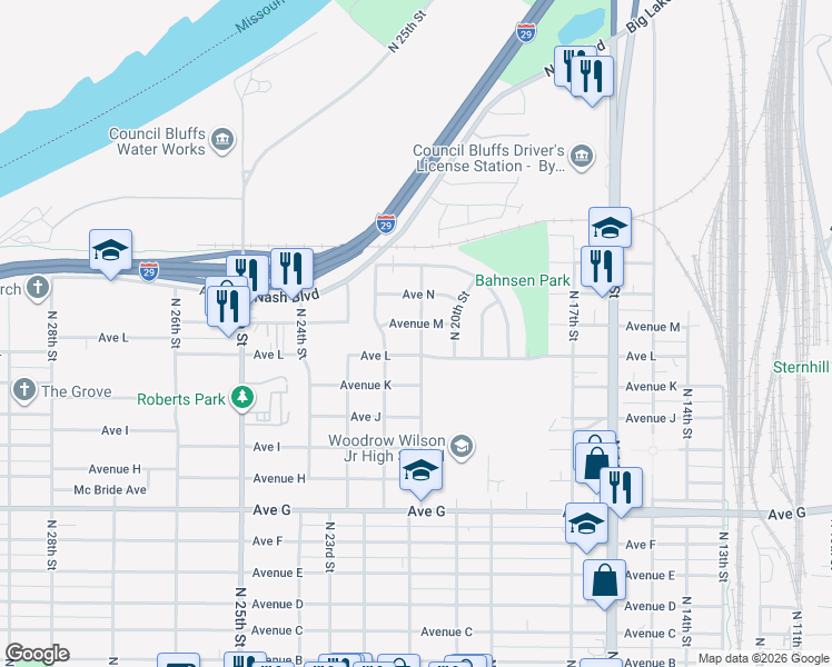 map of restaurants, bars, coffee shops, grocery stores, and more near 2113 Avenue L in Council Bluffs