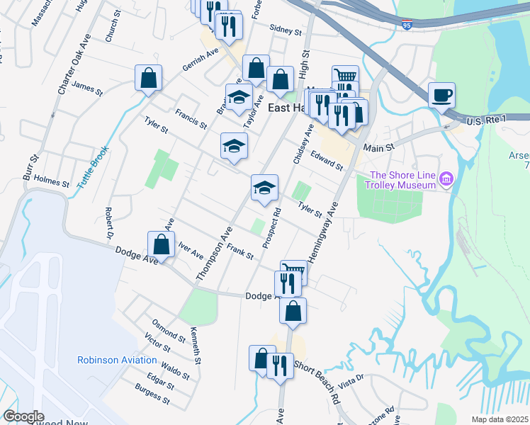 map of restaurants, bars, coffee shops, grocery stores, and more near 108 Prospect Road in East Haven