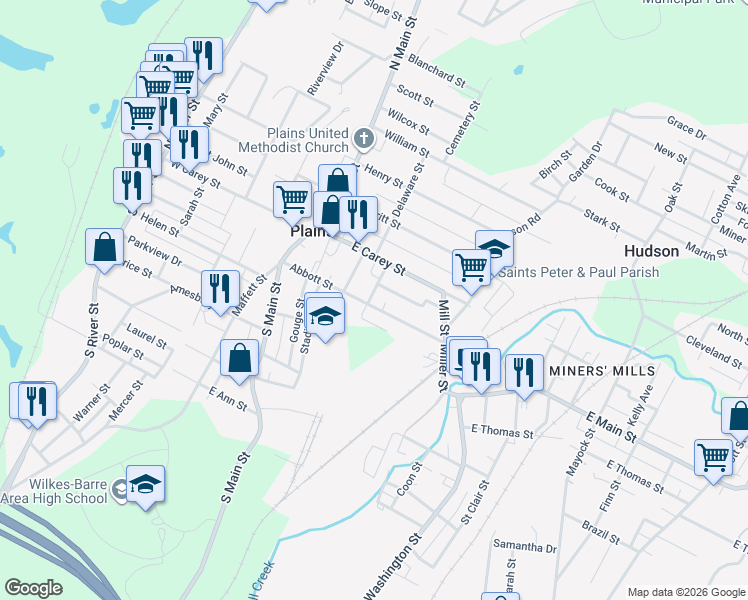 map of restaurants, bars, coffee shops, grocery stores, and more near 110-112 Abbott St in Plains