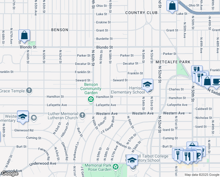 map of restaurants, bars, coffee shops, grocery stores, and more near 5800 Charles Street in Omaha